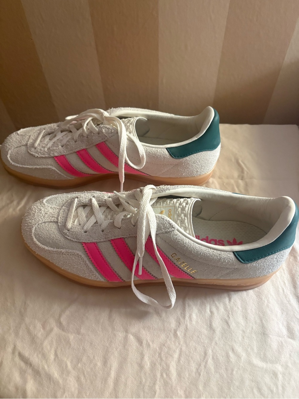 adidas Gazelle White Sneakers with Pink Stripes and Green Heel